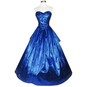 Vintage 80s Strapless Shiny Blue Metallic Lamé Prom Gown Party Dress XS Zum Zum